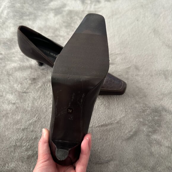 Vintage Jennifer Moore Brown Croc Embossed Square Toe Buckle Kitten Heels 7 - Picture 4 of 7